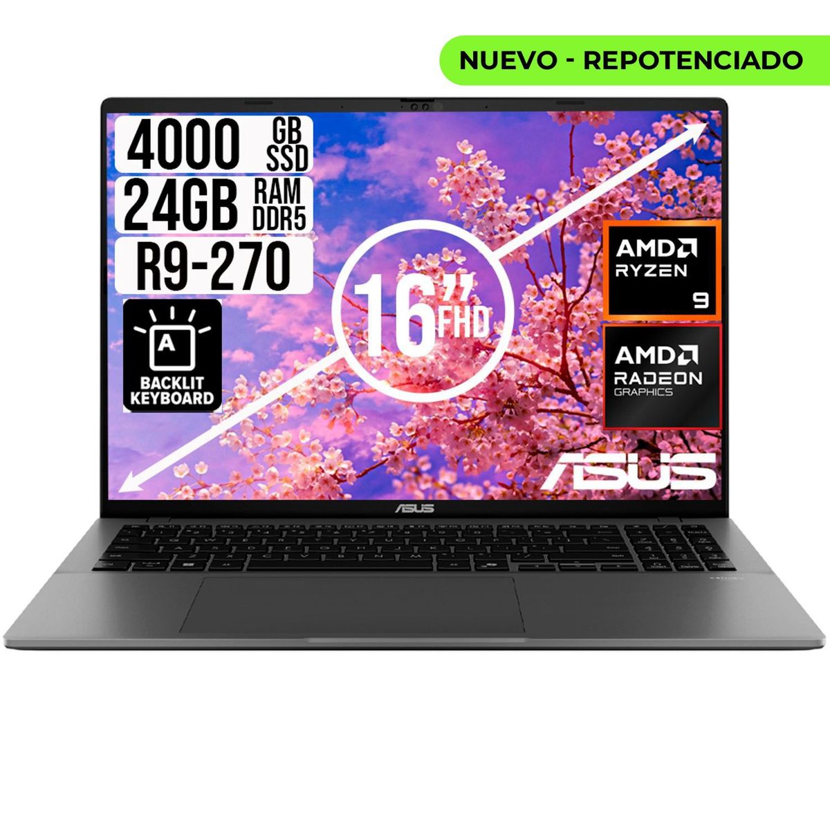 ASUS - PORTATIL ASUS AMD RYZEN 9 270 SSD 4TB RAM 24GB LED 16 FULL HD