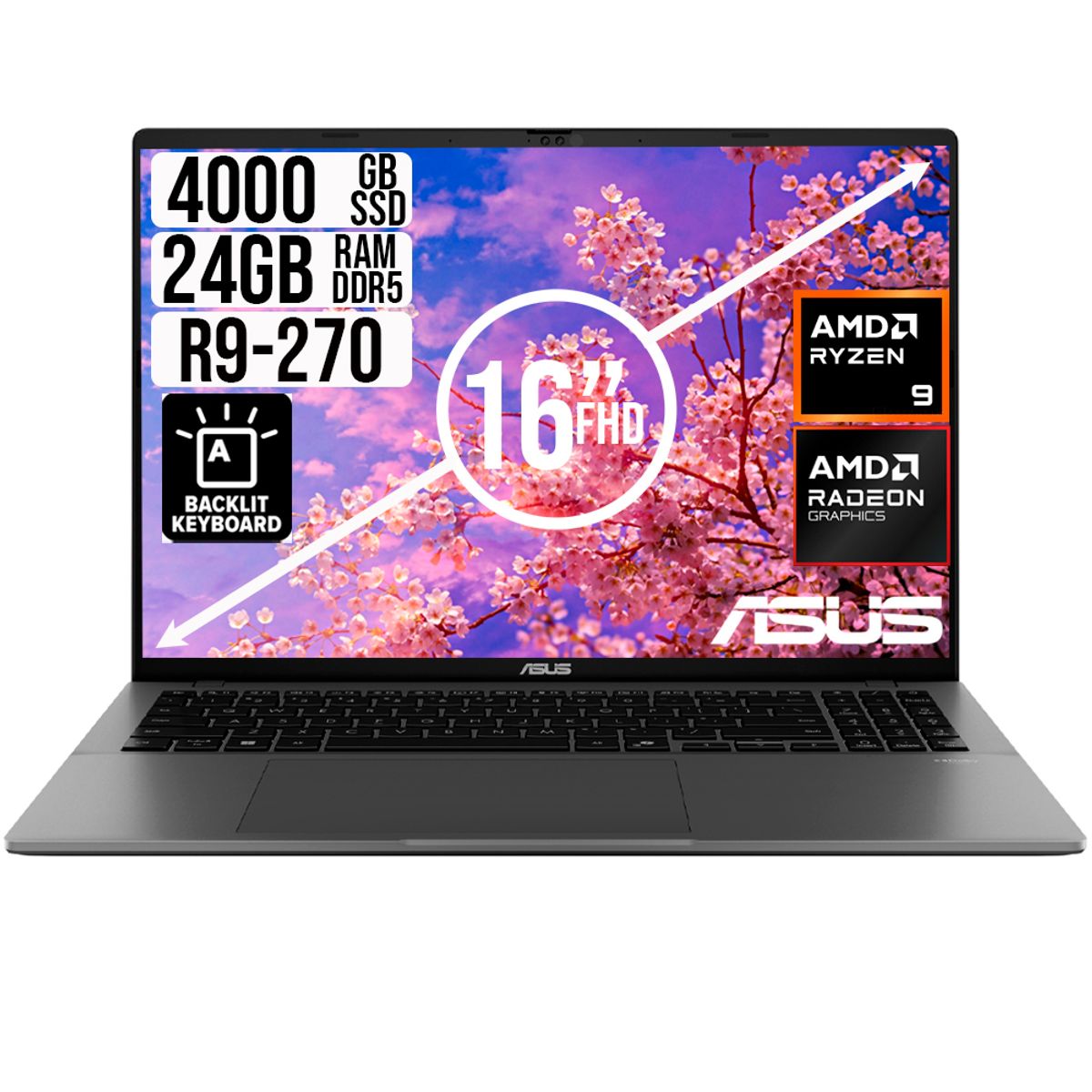 ASUS - PORTATIL ASUS AMD RYZEN 9 270 SSD 4TB RAM 24GB LED 16 FULL HD