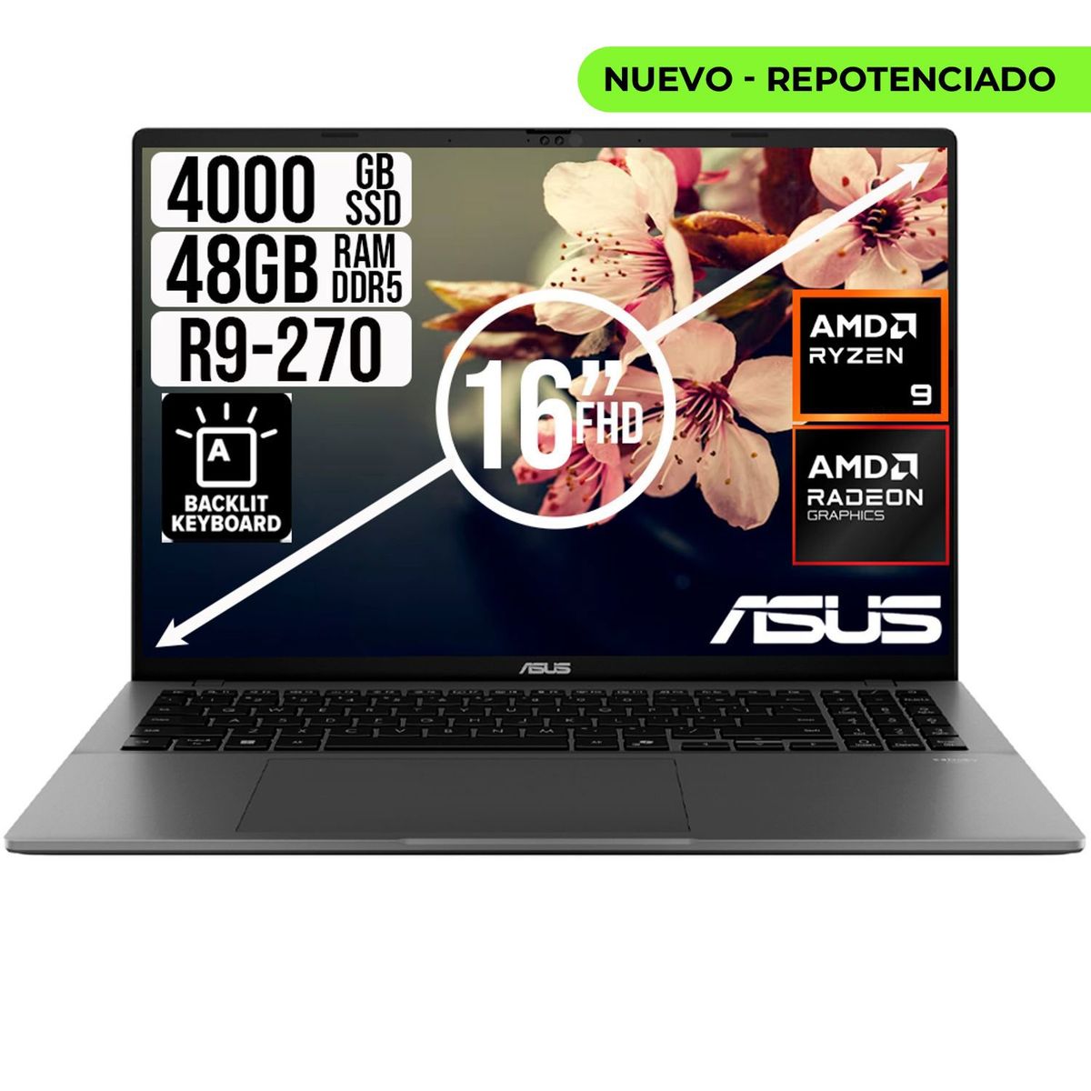ASUS - PORTATIL ASUS AMD RYZEN 9 270 SSD 4TB RAM 48GB LED 16 FULL HD