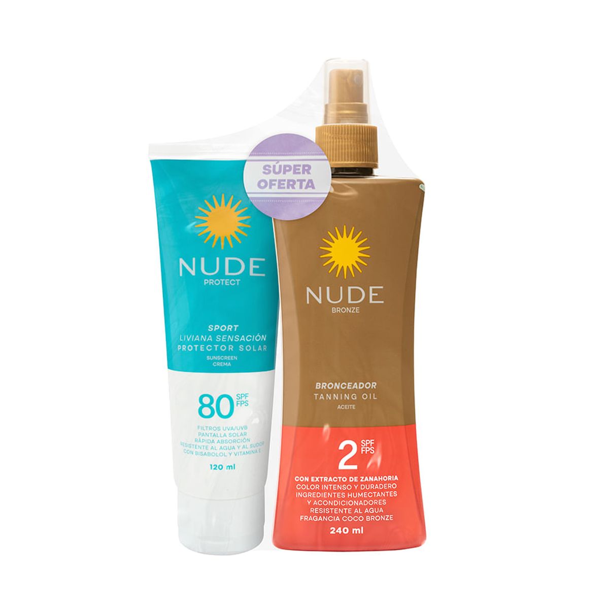 NUDE - Promoción Nude Protector Solar Sensación Liviana Spf80 120 Ml + Bronceador Spf2 240 Ml