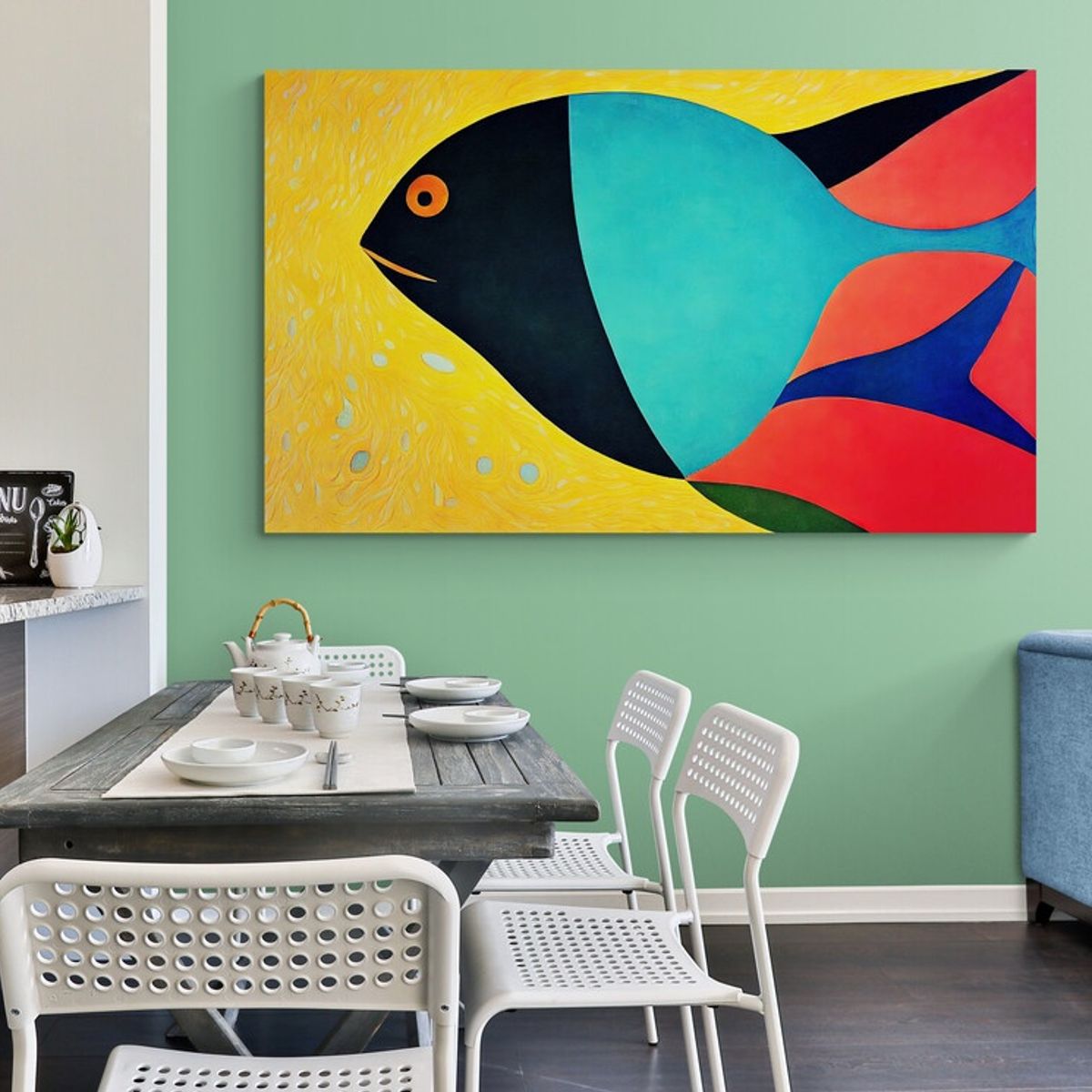 TAYRONA STORE - Cuadro En Lienzo Para Comedor Pintura Peces 015 170x100cm