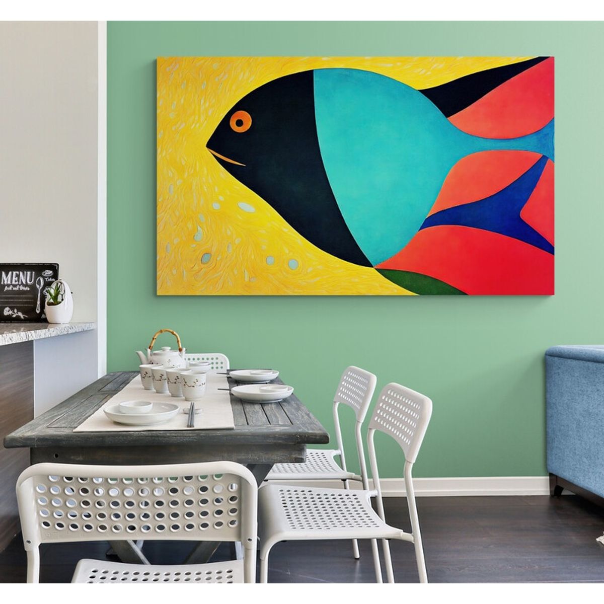 TAYRONA STORE - Cuadro En Lienzo Para Comedor Pintura Peces 015 170x100cm