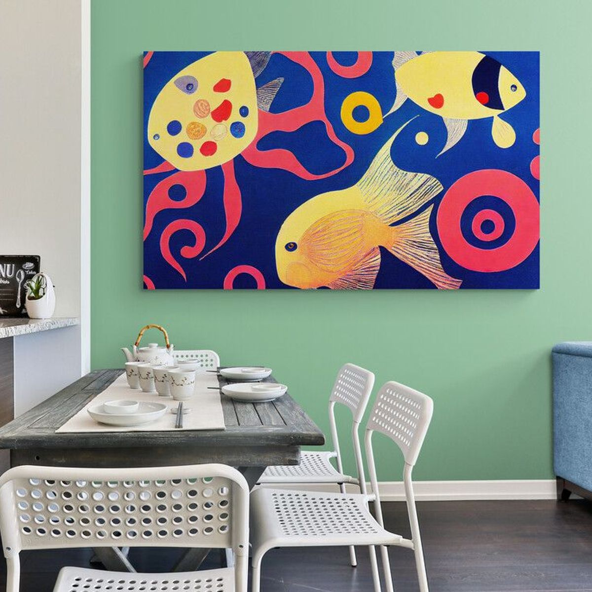 TAYRONA STORE - Cuadro En Lienzo Para Comedor Pintura Peces 018 150x90cm