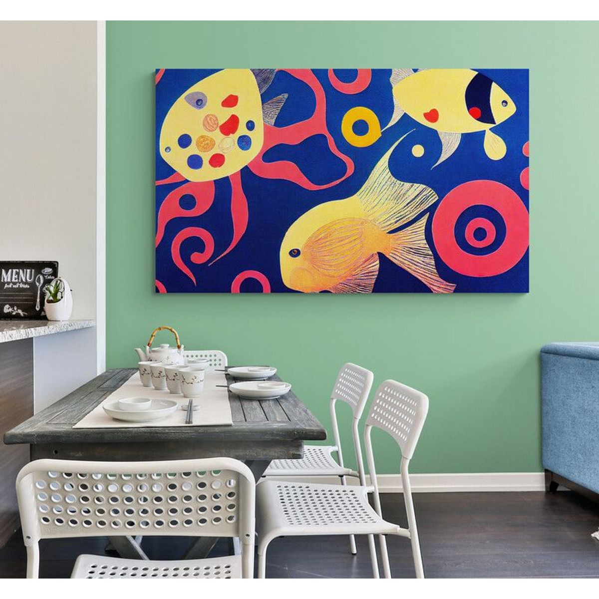 TAYRONA STORE - Cuadro En Lienzo Para Comedor Pintura Peces 018 150x90cm