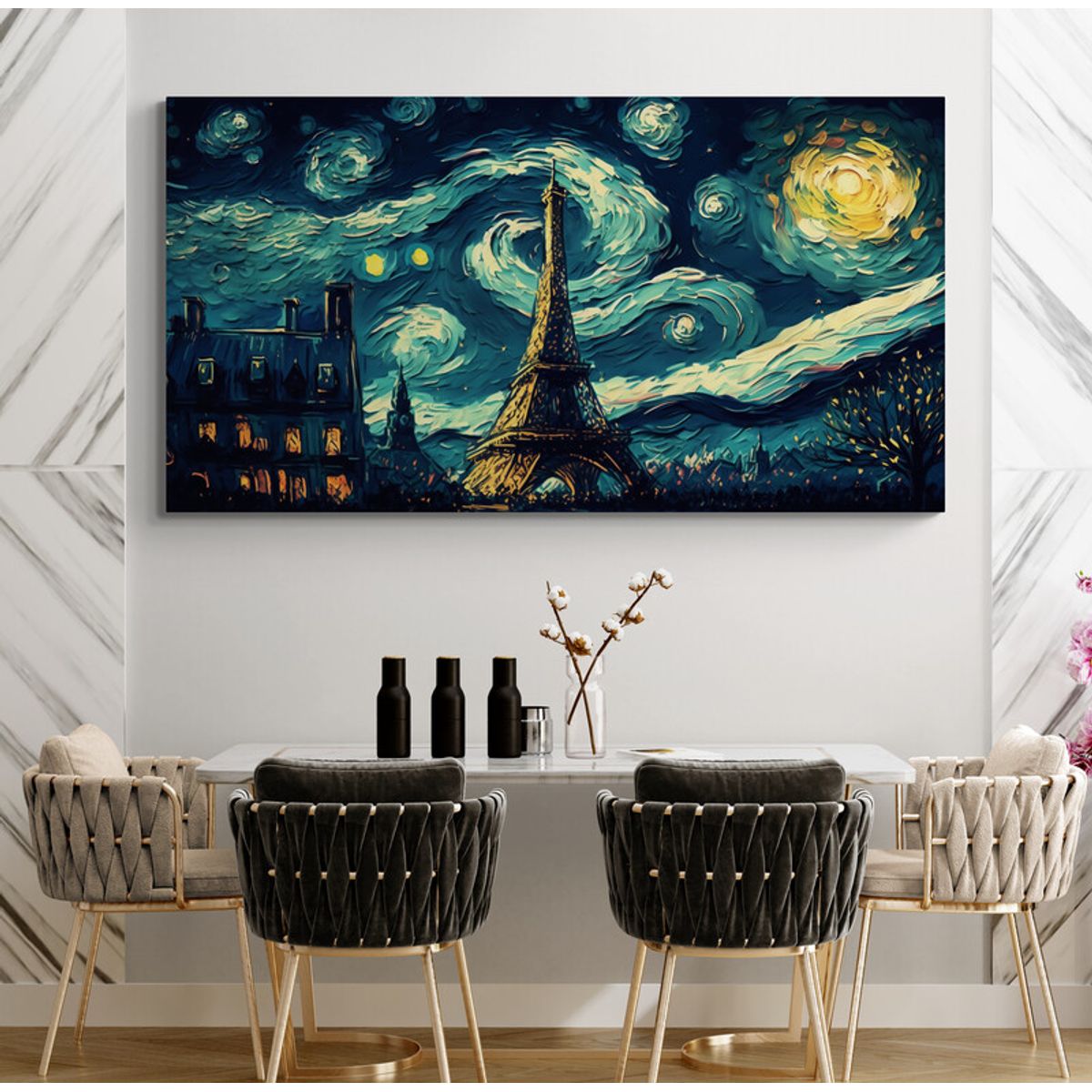 TAYRONA STORE - Cuadro Lienzo Para Comedor Paris Noche Estrellada 059 130x70cm