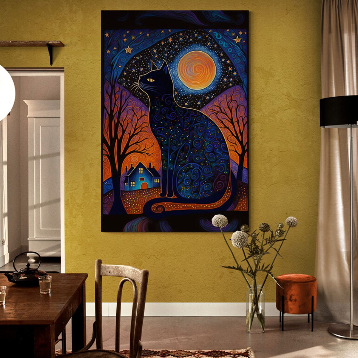 TAYRONA STORE - Cuadro Lienzo Para Comedor Gato Noche Estrellada 034 80x120cm
