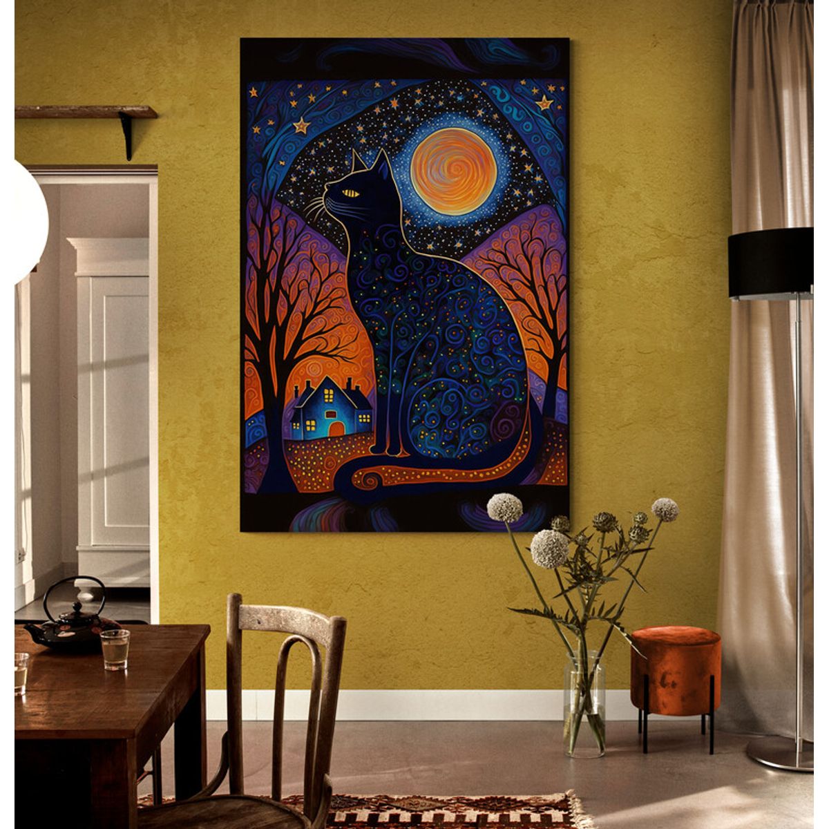 TAYRONA STORE - Cuadro Lienzo Para Comedor Gato Noche Estrellada 034 80x120cm