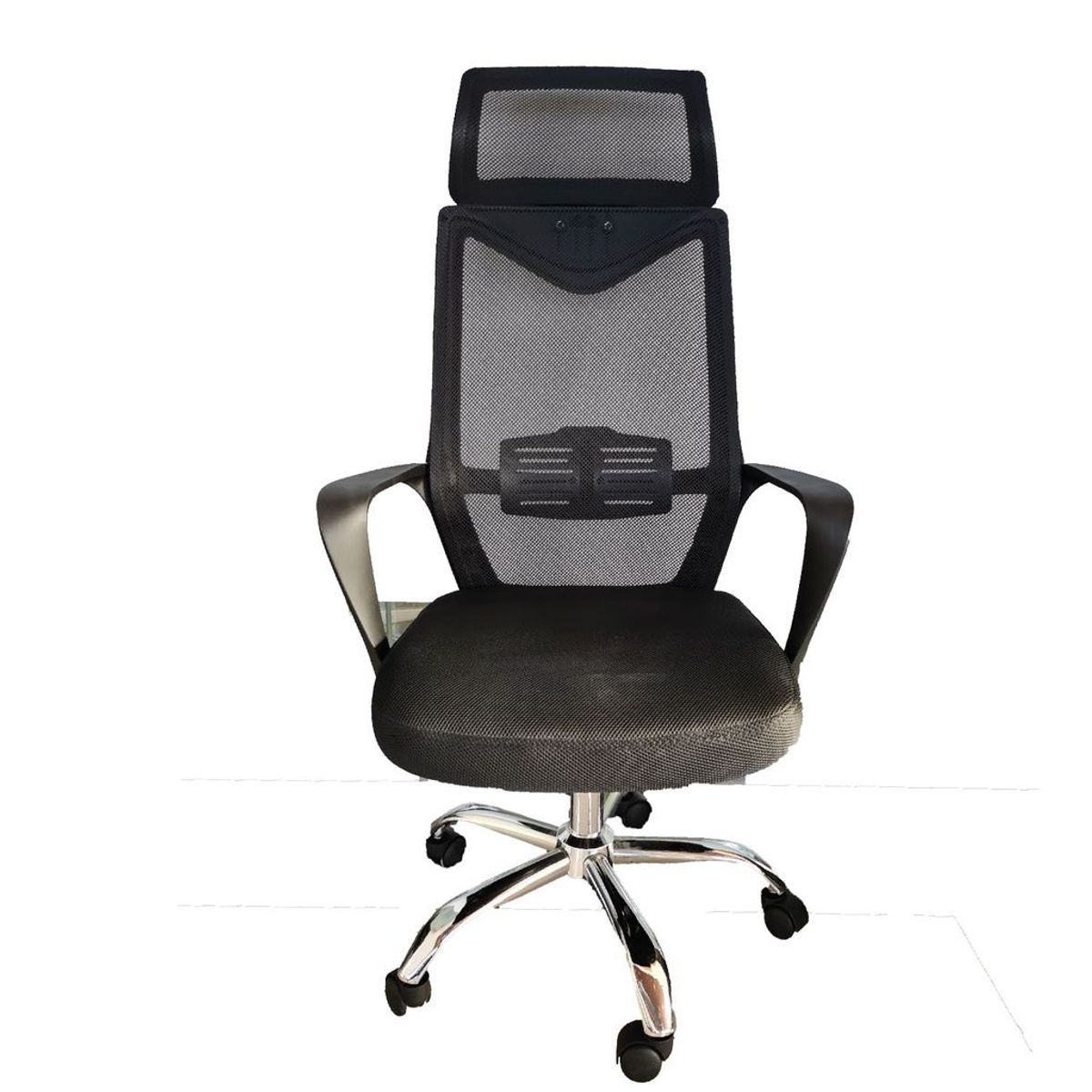 GENERICO - SILLA ERGONOMICA SOPORTE LUMBAR  CABECERO NEGRA CROMO GIRATORIA