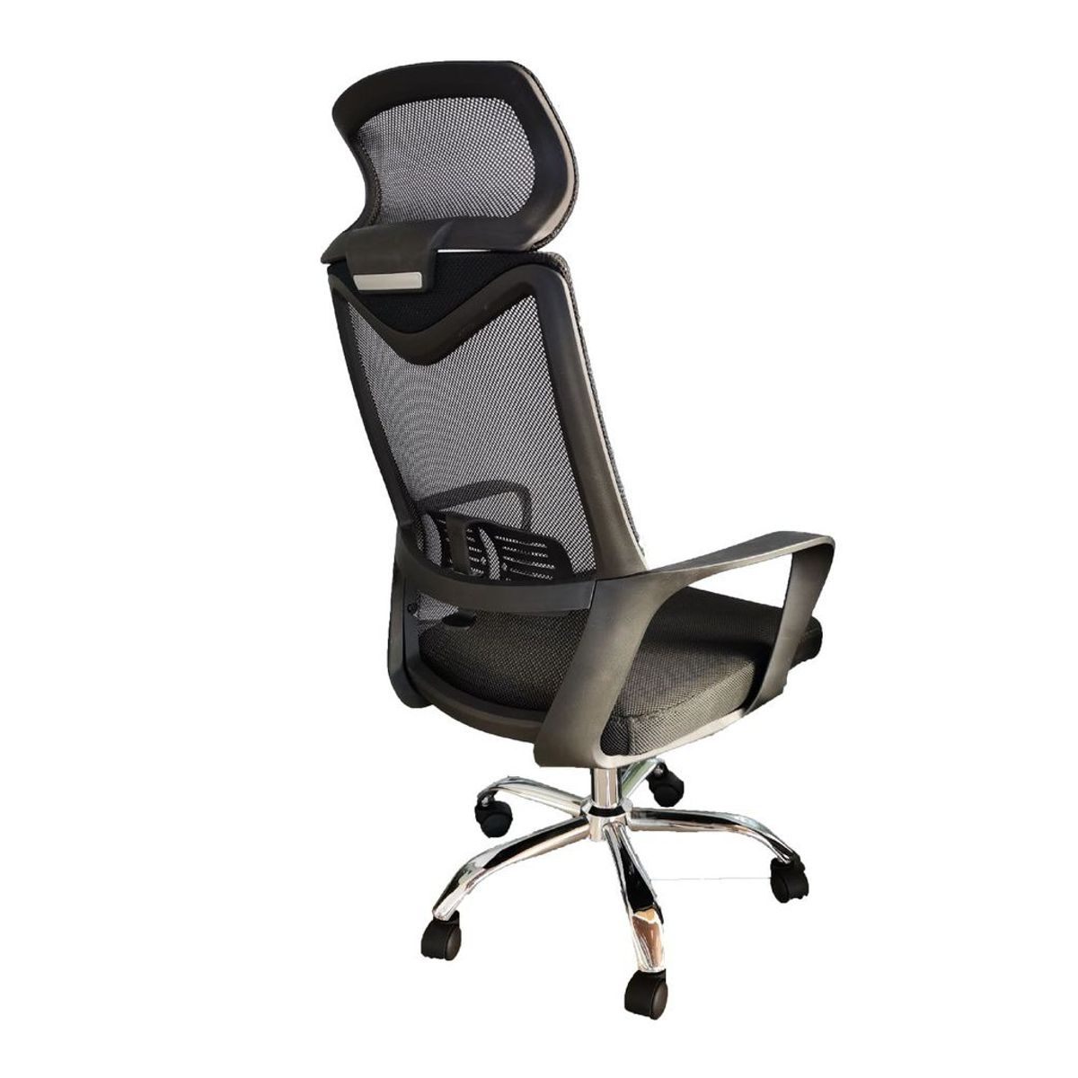GENERICO - SILLA ERGONOMICA SOPORTE LUMBAR  CABECERO NEGRA CROMO GIRATORIA