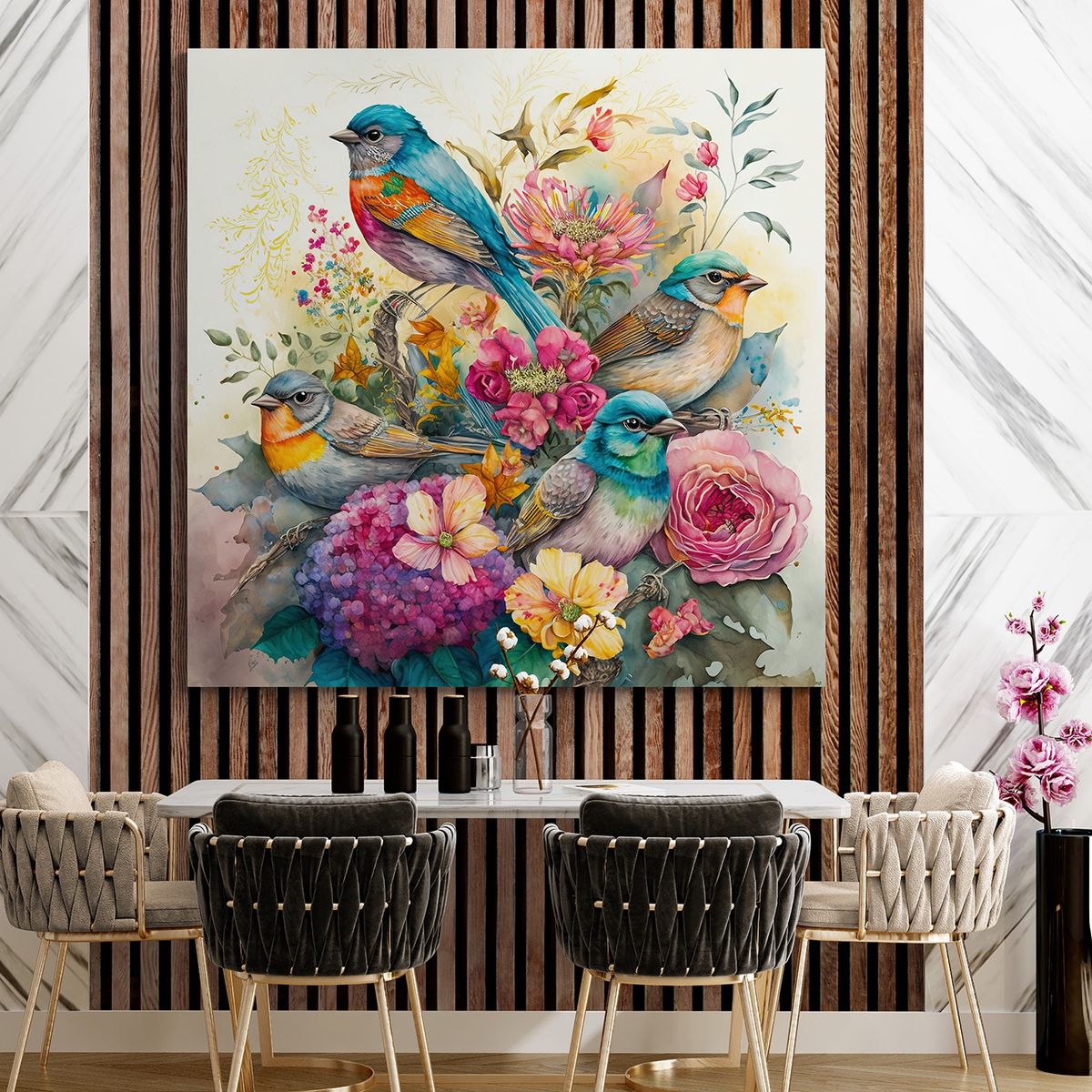 TAYRONA STORE - Cuadro En Lienzo Para Comedor Pintura Pajaros 035 60x60cm