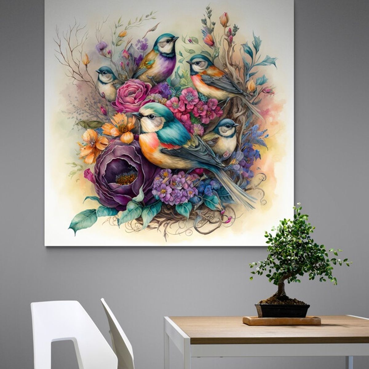 TAYRONA STORE - Cuadro En Lienzo Para Comedor Pintura Pajaros 038 100x100cm