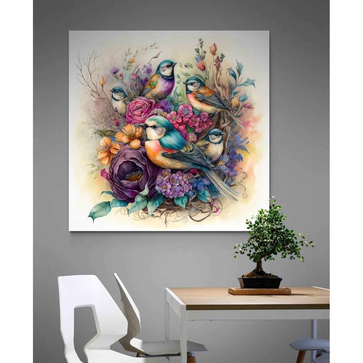 TAYRONA STORE - Cuadro En Lienzo Para Comedor Pintura Pajaros 038 100x100cm