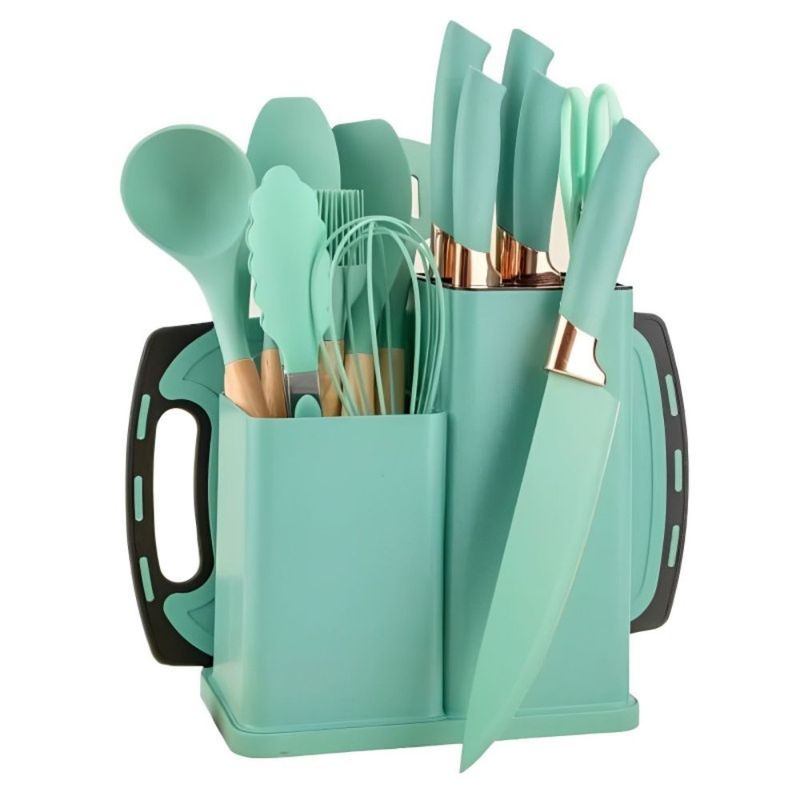 GENERICO - Set De Utensilios De Cocina Silicona Y Cuchillos Tabla 19pcs