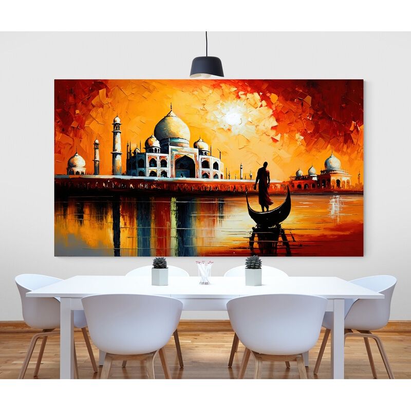 TAYRONA STORE - Cuadro En Lienzo Para Comedor Taj Mahal Pintura Ciudad 151 80x45cm