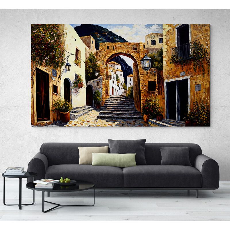 TAYRONA STORE - Cuadro En Lienzo Para La Sala Pintura Pueblo 022 80x45cm