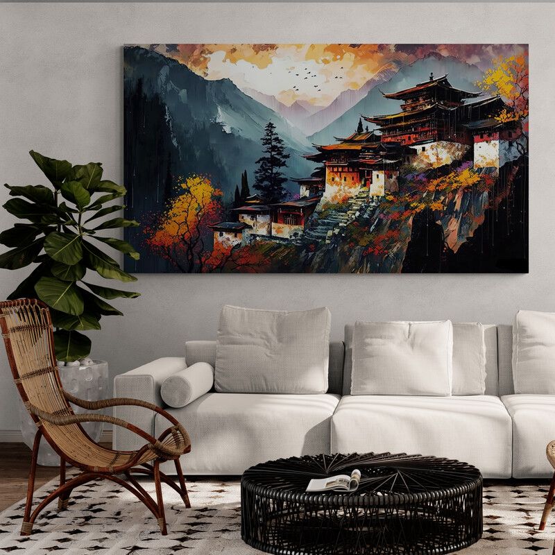 TAYRONA STORE - Cuadro Lienzo Para La Sala China Pintura Pueblo 033 80x45cm