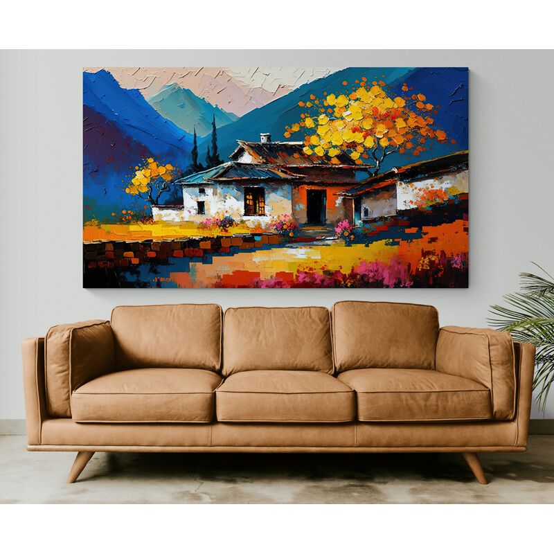TAYRONA STORE - Cuadro En Lienzo Para La Sala Pintura Pueblo 019 80x45cm