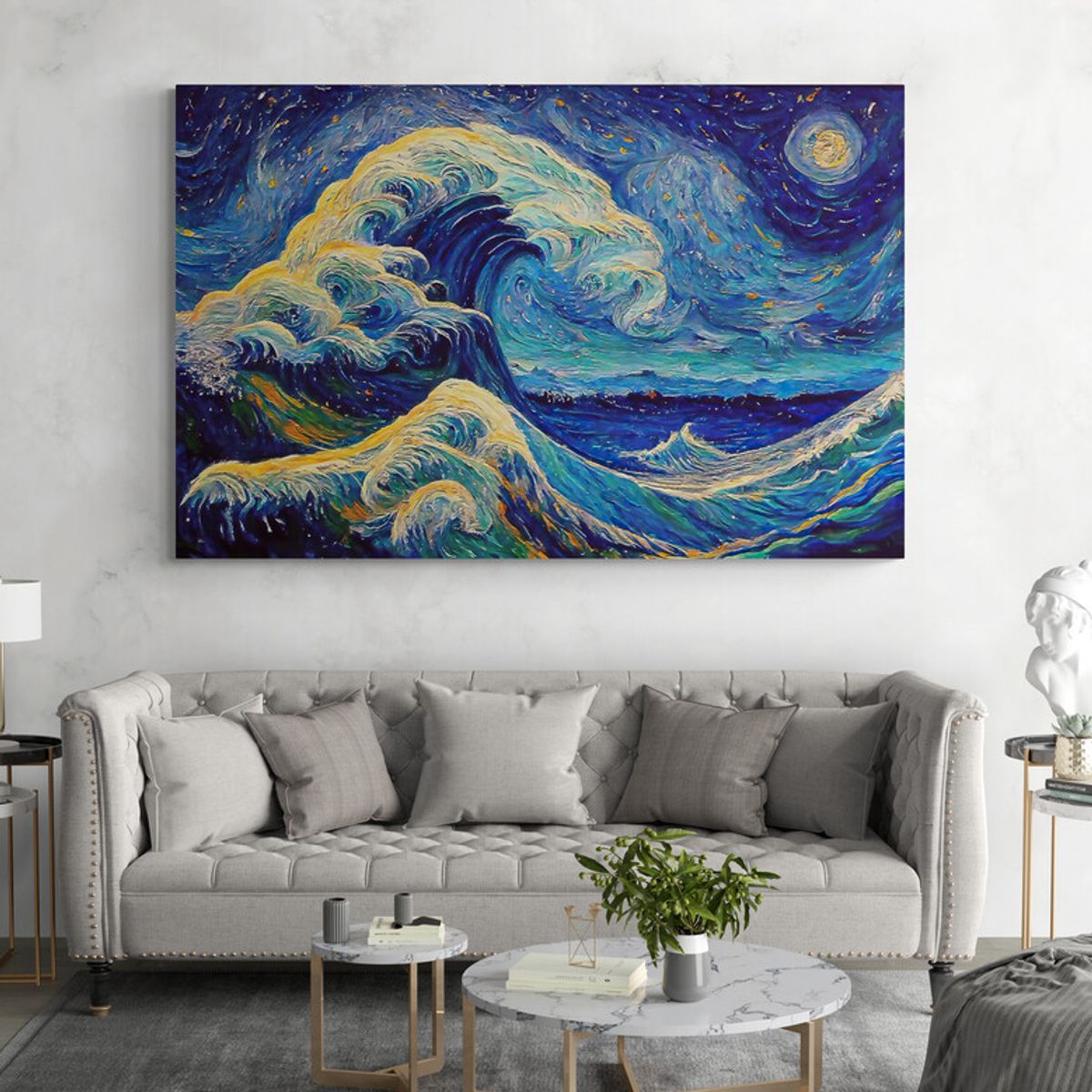 TAYRONA STORE - Cuadro Lienzo Para Sala Oceano Olas Noche Estrellada 033 150x100cm