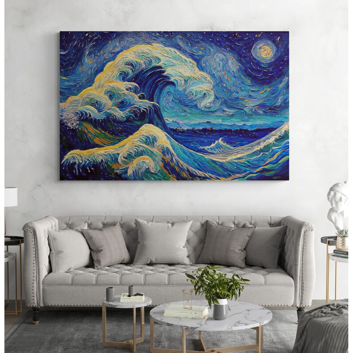 TAYRONA STORE - Cuadro Lienzo Para Sala Oceano Olas Noche Estrellada 033 150x100cm