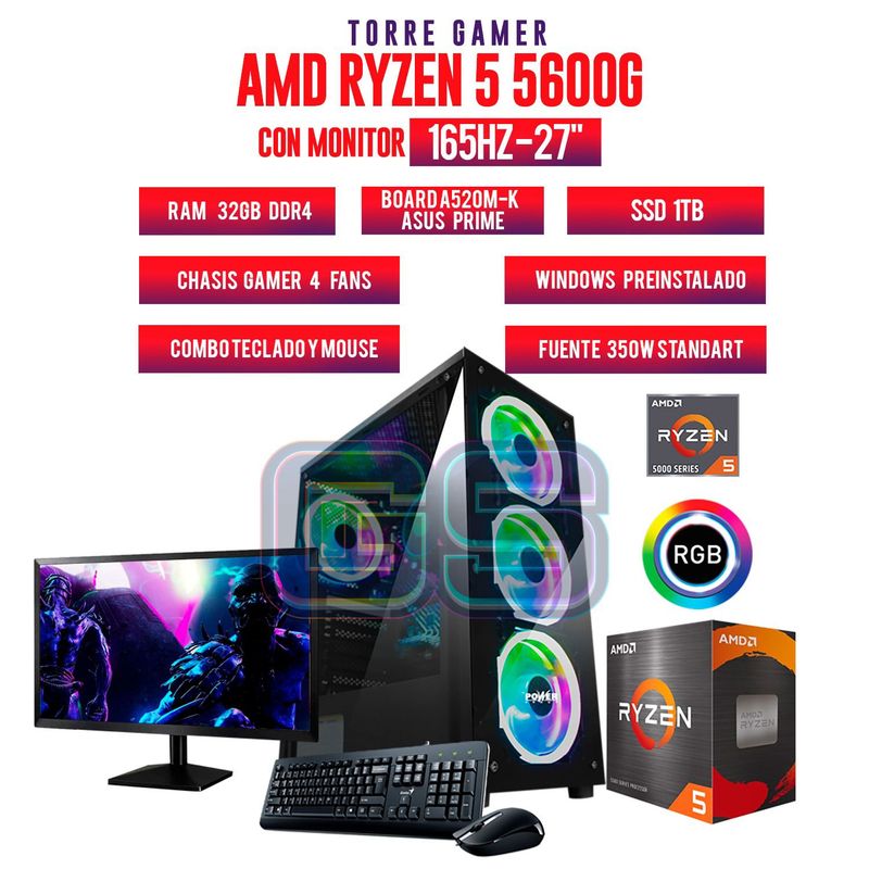 AMD - TORRE GAMER RYZEN 5 5600G/32GB RAM/ 1TB SSD/BOARD A520M-K MONITOR 27" FHD 165Hz