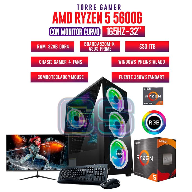 AMD - TORRE GAMER RYZEN 5 5600G/32GB RAM/ 1TB SSD/BOARD A520M-K MONITOR 32" FHD165Hz