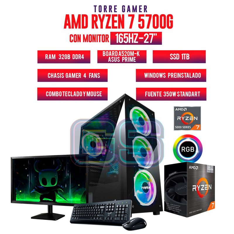 AMD - TORRE GAMER RYZEN 7 5700G/32GB RAM/ 1TB SSD/BOARD A520M-K MONITOR 27" FHD 165Hz