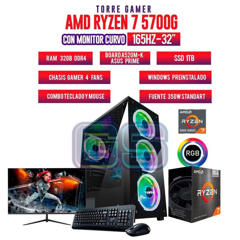 AMD - TORRE GAMER RYZEN 7 5700G/32GB RAM/ 1TB SSD/BOARD A520M-K MONITOR 32" FHD 165Hz