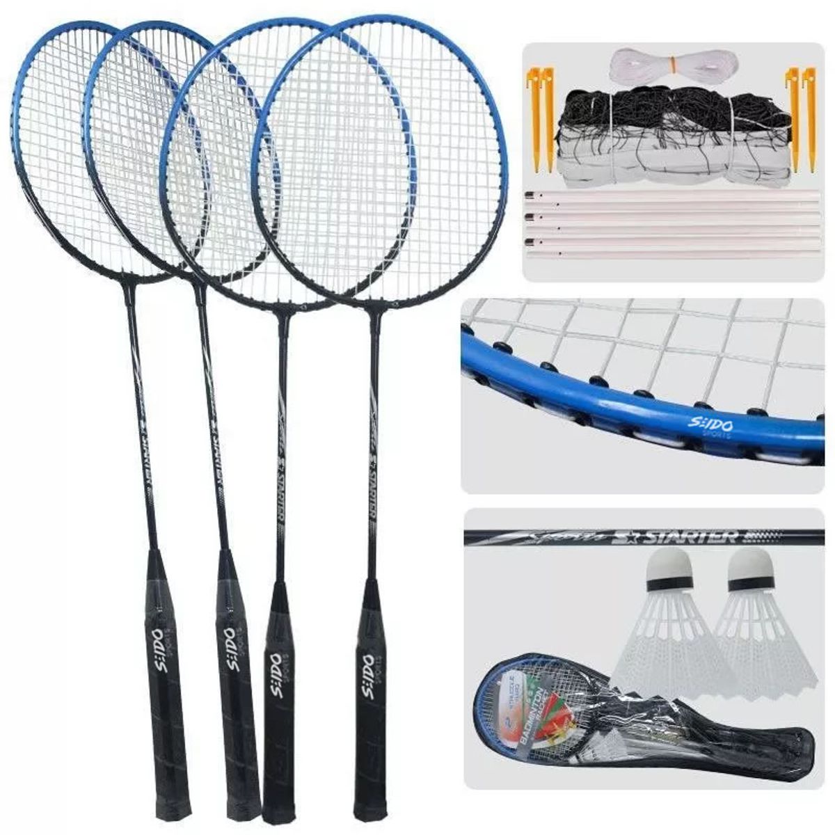 GENERICO - Set Raquetas X 4 Badminton 2 Gallitos Malla Parales Estuche.