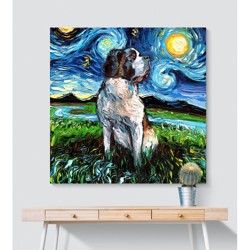 TAYRONA STORE - Cuadro Lienzo Habitacion Noche Estrellada Perro Saint Bernard Night 90x90cm