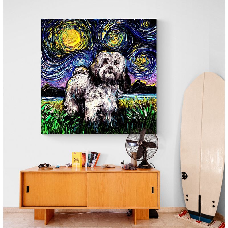 TAYRONA STORE - Cuadro Lienzo Habitacion Noche Estrellada Perro Lhasa Apso Aja Trier 60x60cm