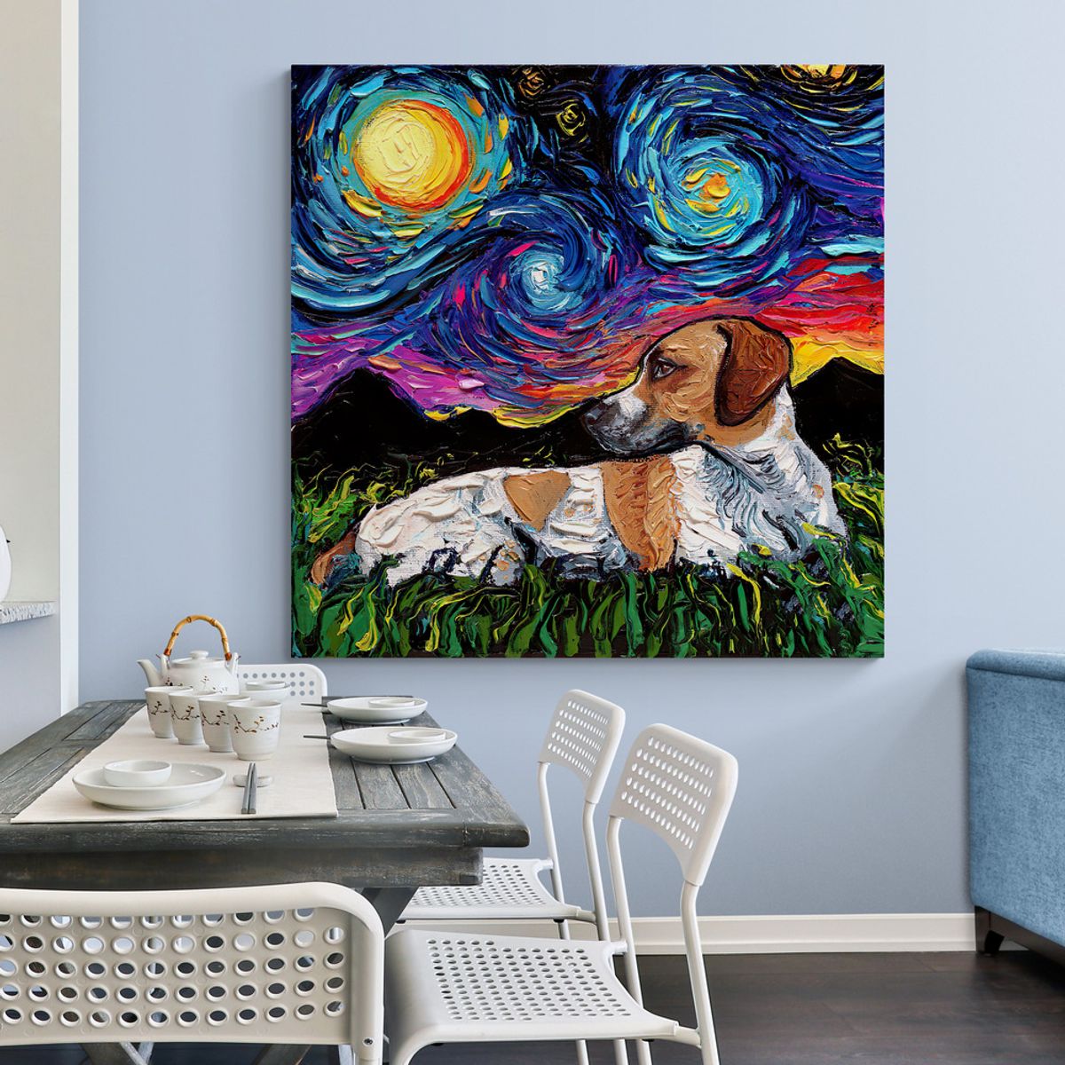 TAYRONA STORE - Cuadro Lienzo Habitaciones Noche Estrellada Perro Beagle 01 70x70cm