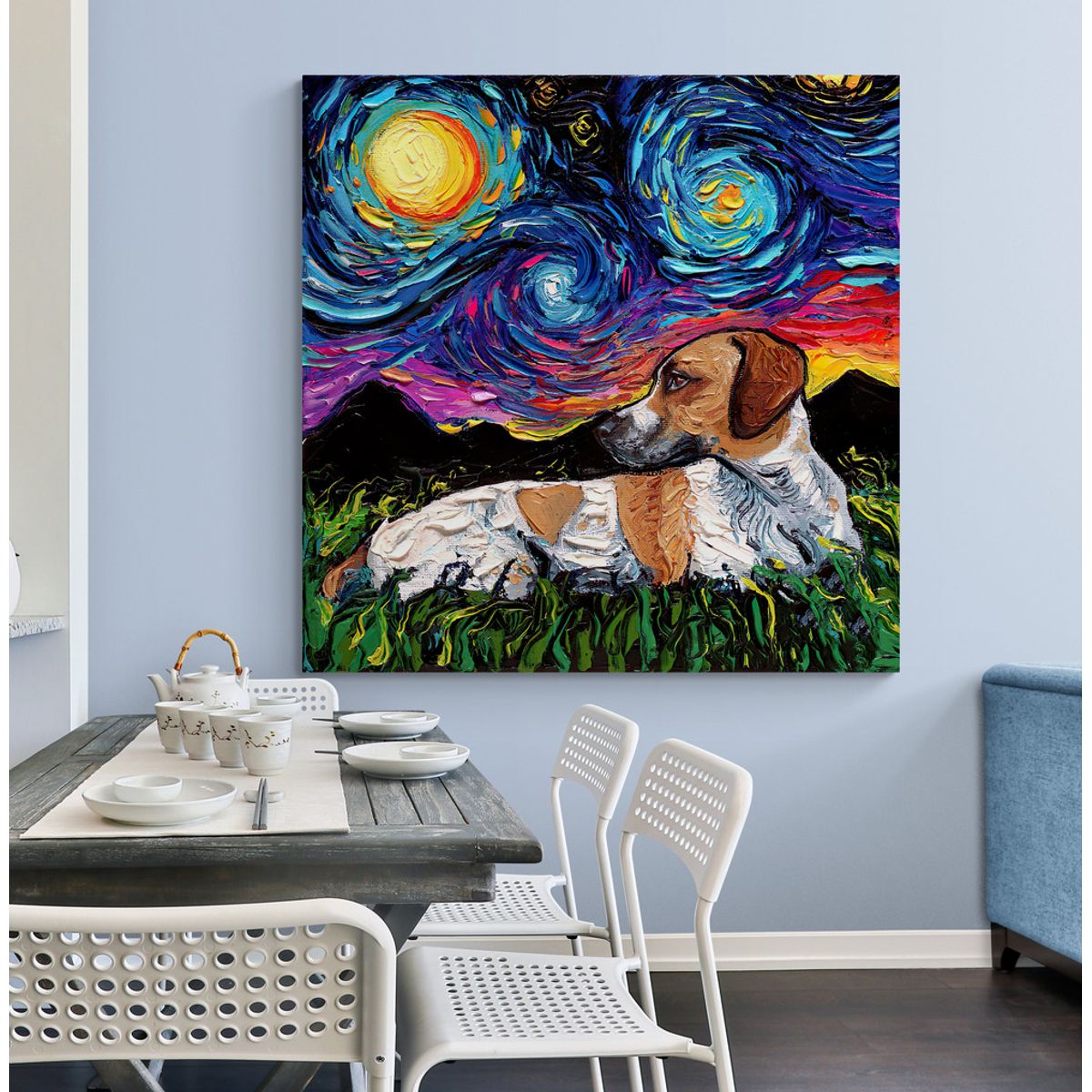 TAYRONA STORE - Cuadro Lienzo Habitaciones Noche Estrellada Perro Beagle 01 70x70cm