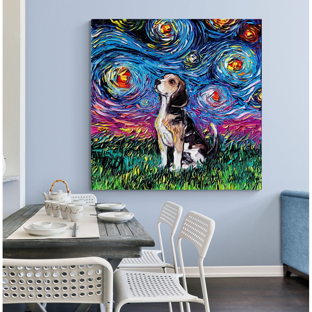 TAYRONA STORE - Cuadro Lienzo Habitaciones Noche Estrellada Perro Beagle 03 70x70cm