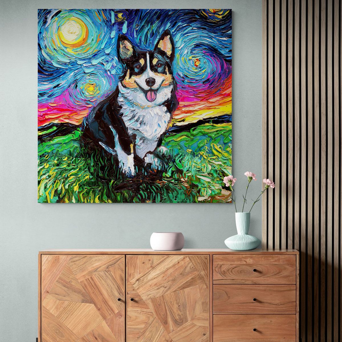 TAYRONA STORE - Cuadro Lienzo Habitacion Noche Estrellada Perro Tricolor Corgi Night 60x60cm