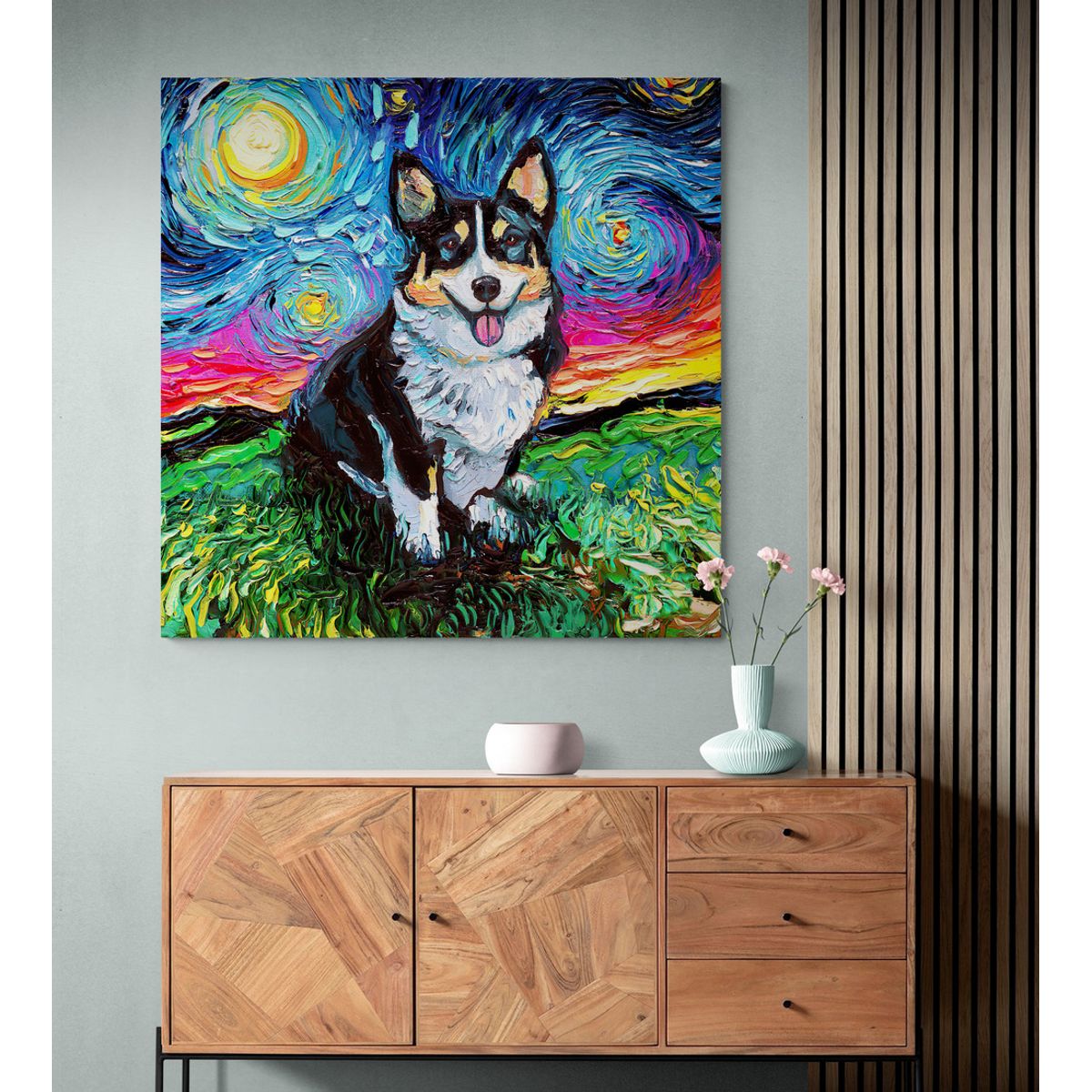 TAYRONA STORE - Cuadro Lienzo Habitacion Noche Estrellada Perro Tricolor Corgi Night 60x60cm