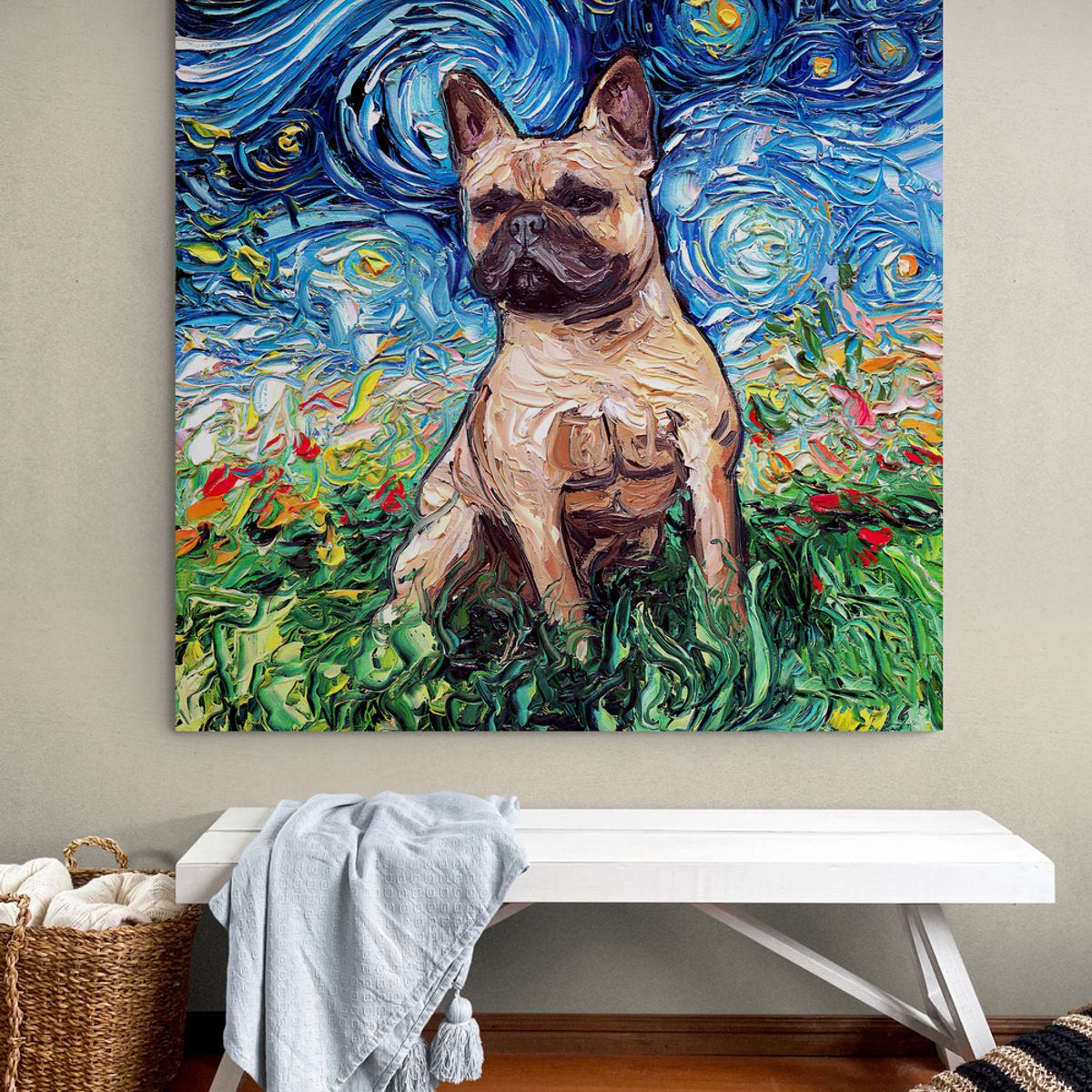 TAYRONA STORE - Cuadro Lienzo Habitacion Noche Estrellada Perro Fawn French Pug Night 70x70cm