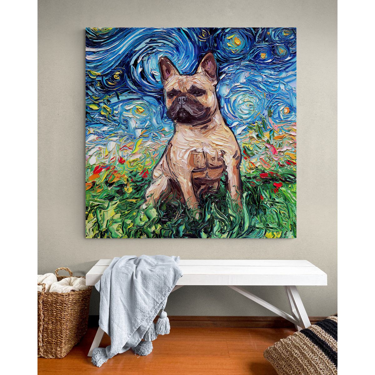 TAYRONA STORE - Cuadro Lienzo Habitacion Noche Estrellada Perro Fawn French Pug Night 70x70cm