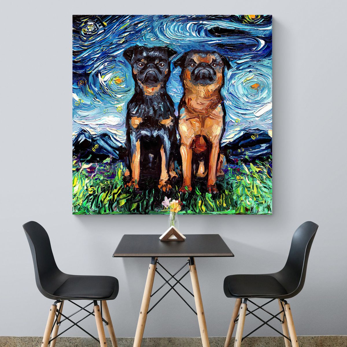 TAYRONA STORE - Cuadro Lienzo Habitacion Noche Estrellada Perro Petit Brabancon Night 70x70cm