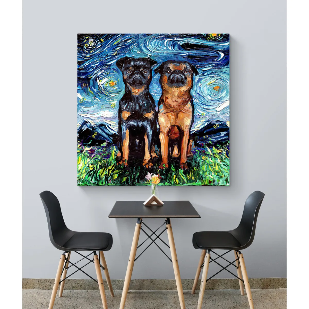 TAYRONA STORE - Cuadro Lienzo Habitacion Noche Estrellada Perro Petit Brabancon Night 70x70cm