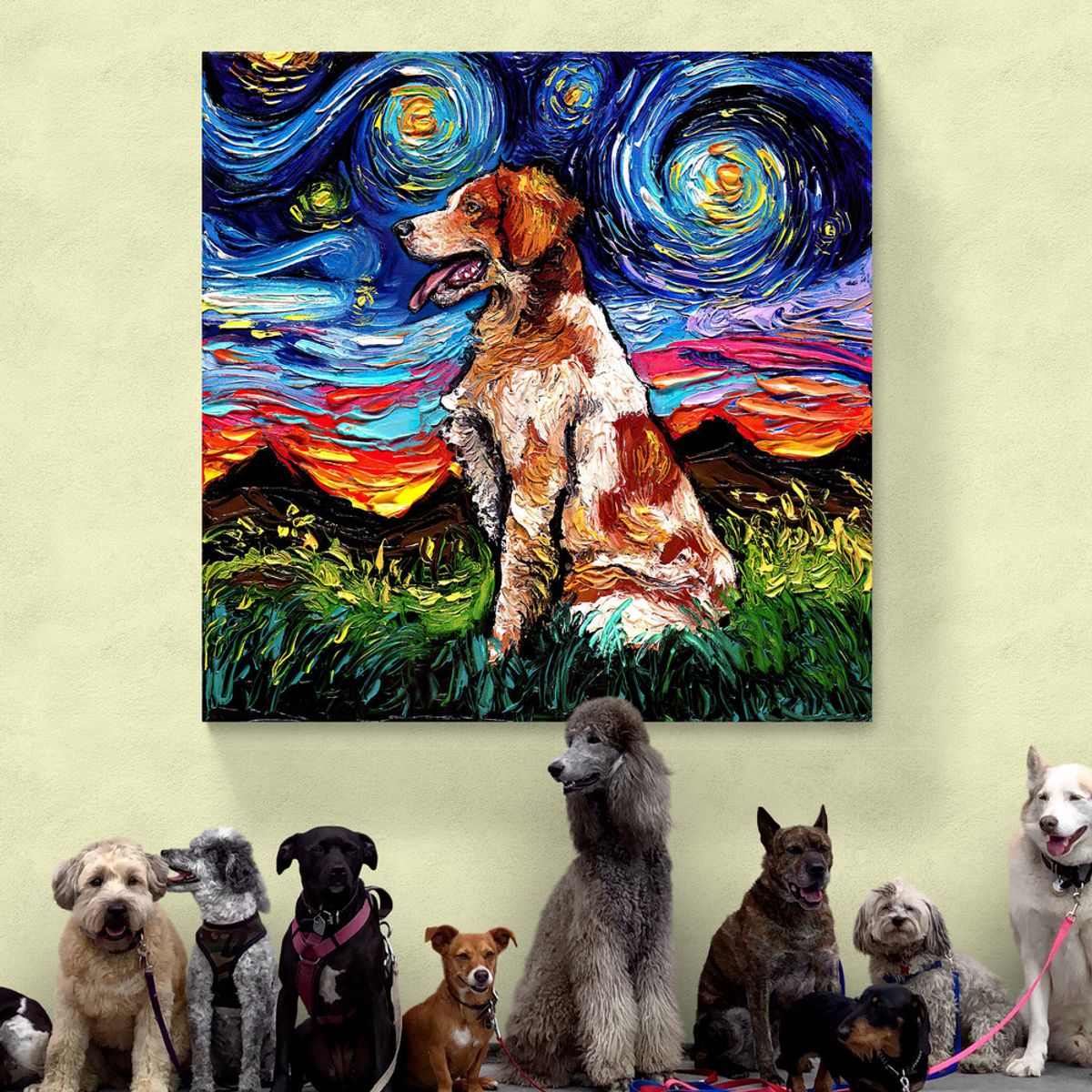TAYRONA STORE - Cuadro Lienzo Habitacion Noche Estrellada Perro Brittany Spaniel Night 60x60cm.
