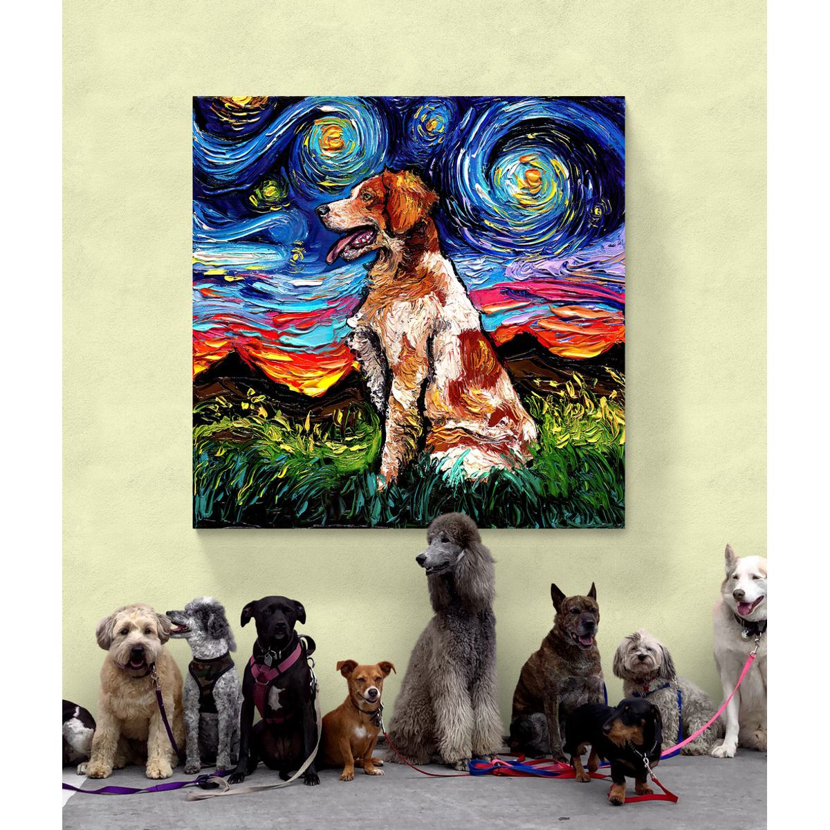 TAYRONA STORE - Cuadro Lienzo Habitacion Noche Estrellada Perro Brittany Spaniel Night 60x60cm.