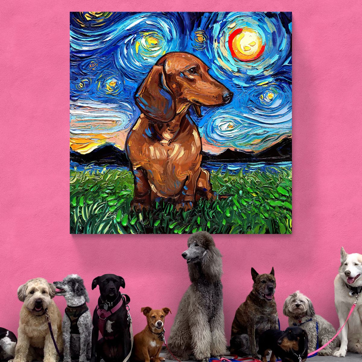 TAYRONA STORE - Cuadro Lienzo Noche Estrellada Perro Brown Dachshund Night 2 80x80cm