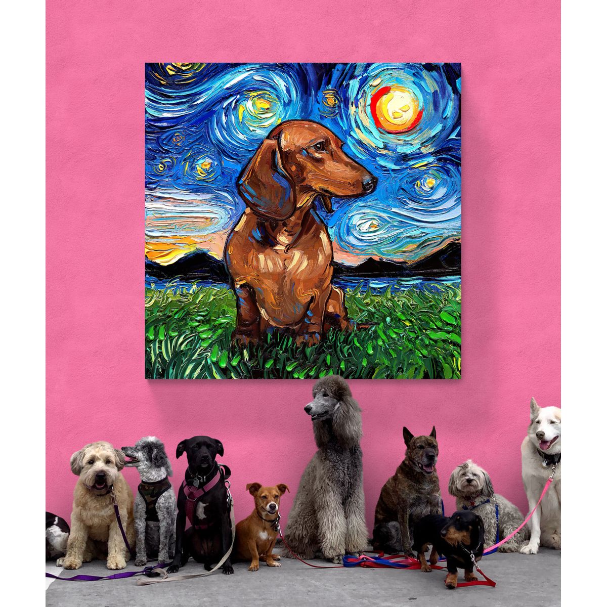 TAYRONA STORE - Cuadro Lienzo Noche Estrellada Perro Brown Dachshund Night 2 80x80cm