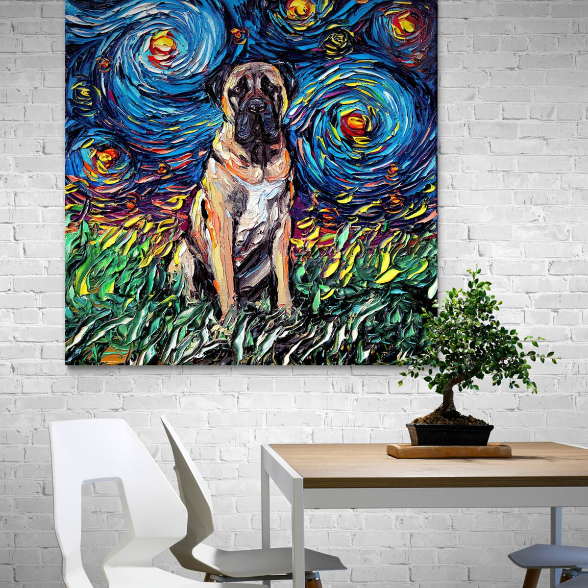 TAYRONA STORE - Cuadro Lienzo Noche Estrellada Perro Mastiff Night Aja Trier 70x70cm
