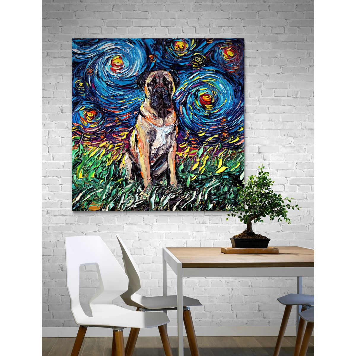 TAYRONA STORE - Cuadro Lienzo Noche Estrellada Perro Mastiff Night Aja Trier 70x70cm