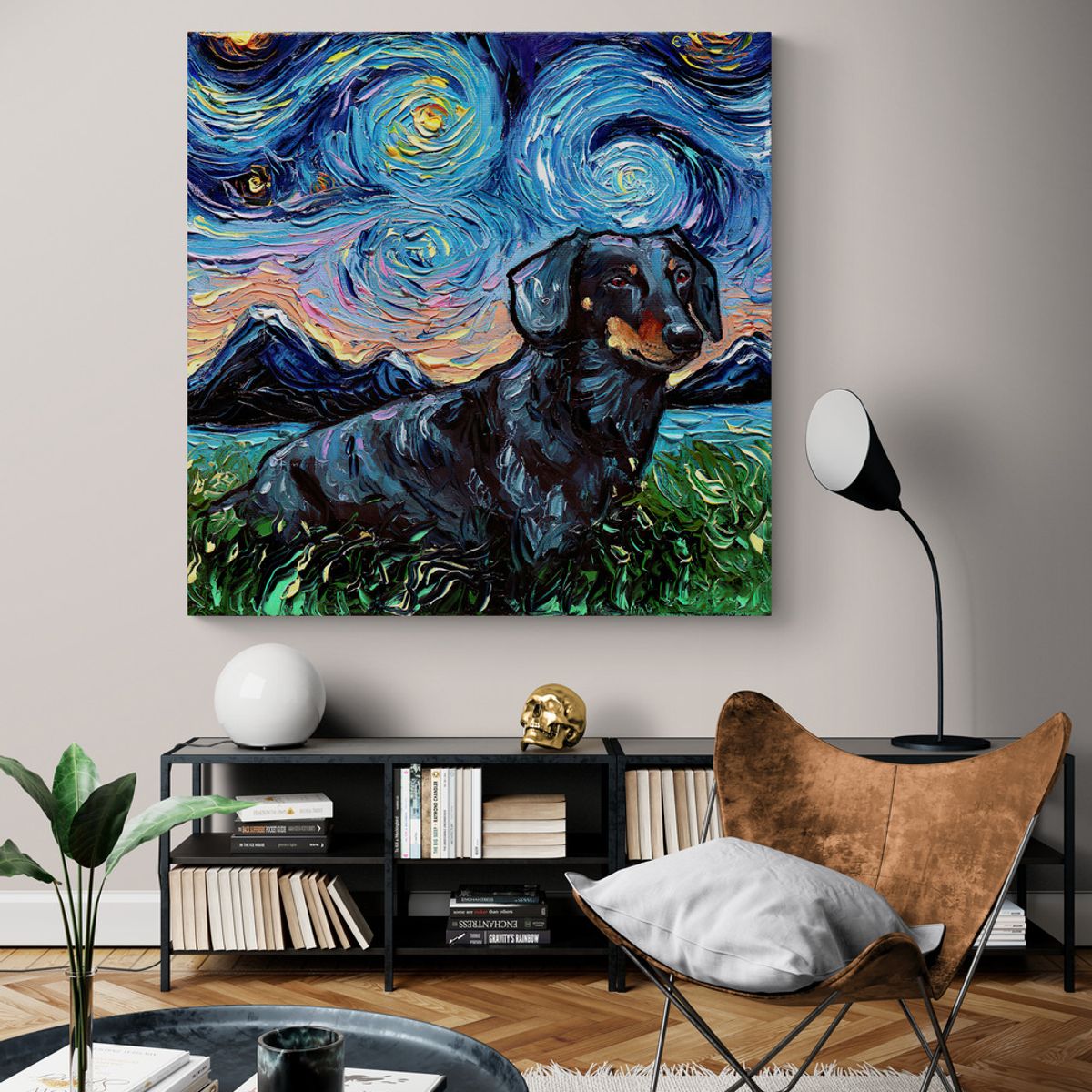 TAYRONA STORE - Cuadro Lienzo Noche Estrellada Perro Black And Tan Dachshund 02 80x80cm