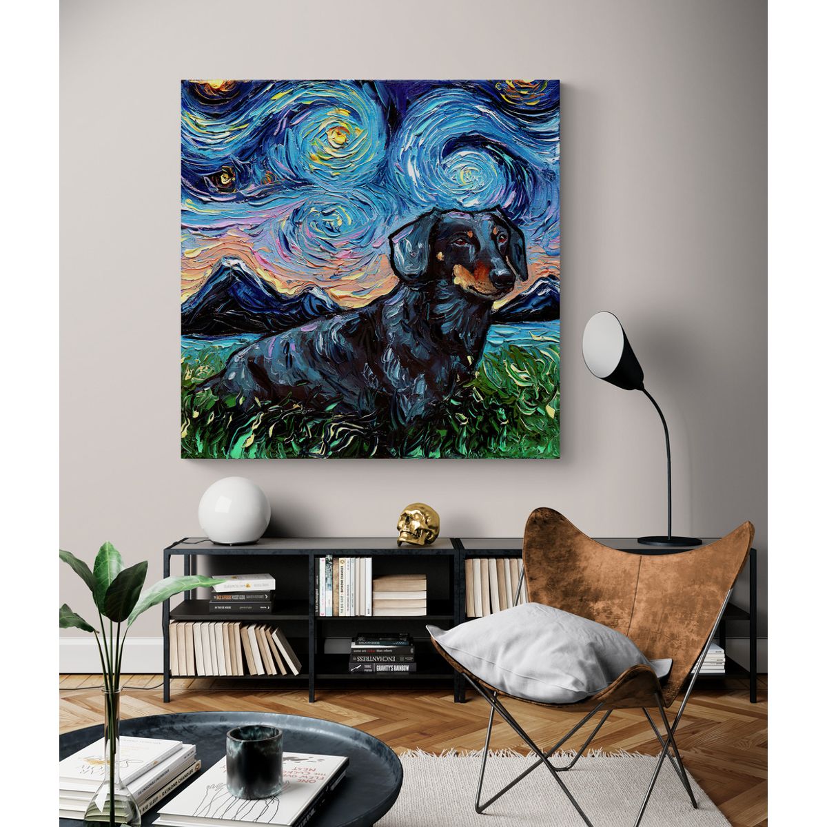 TAYRONA STORE - Cuadro Lienzo Noche Estrellada Perro Black And Tan Dachshund 02 80x80cm