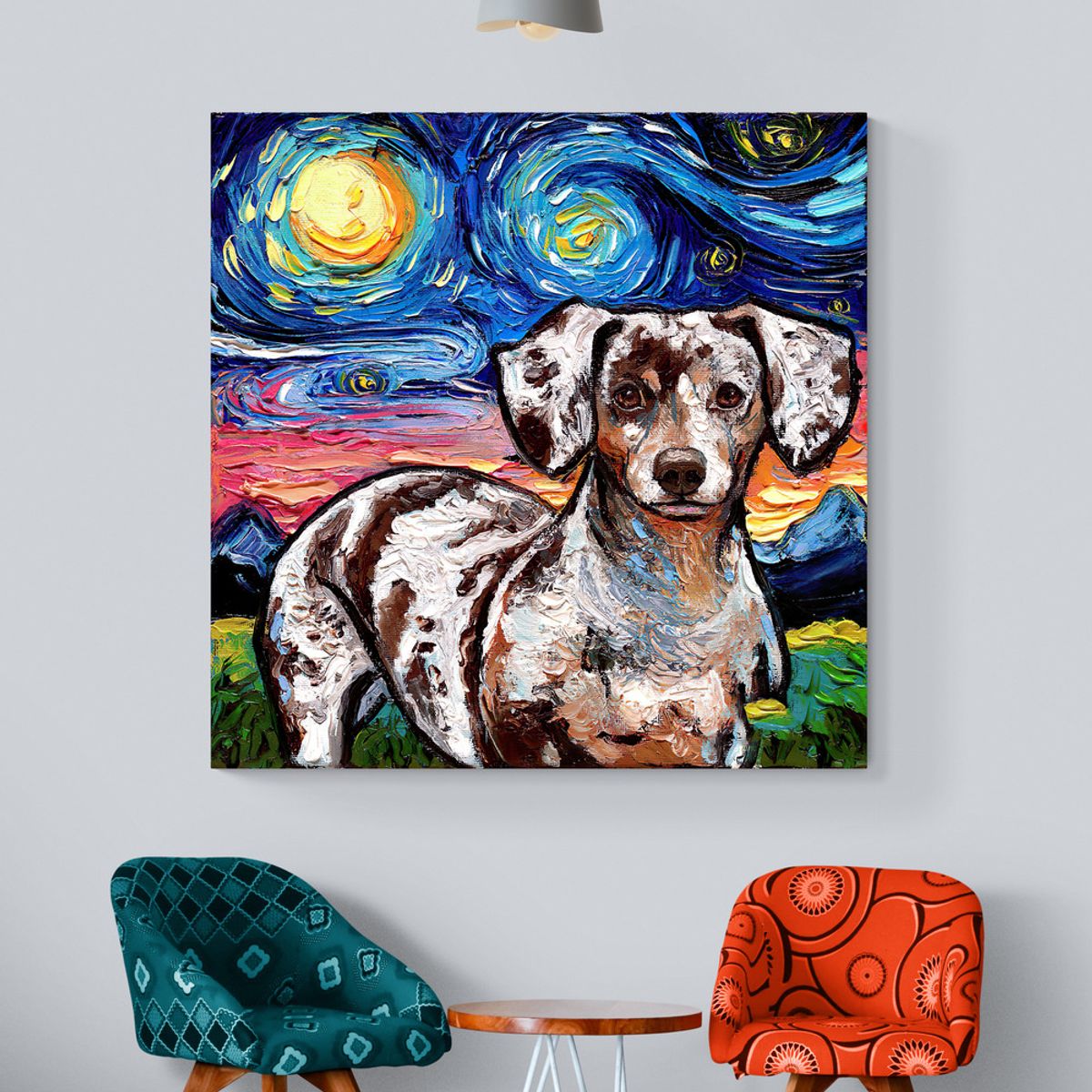 TAYRONA STORE - Cuadro Lienzo Noche Estrellada Perro Chocolate Dachshund 80x80cm