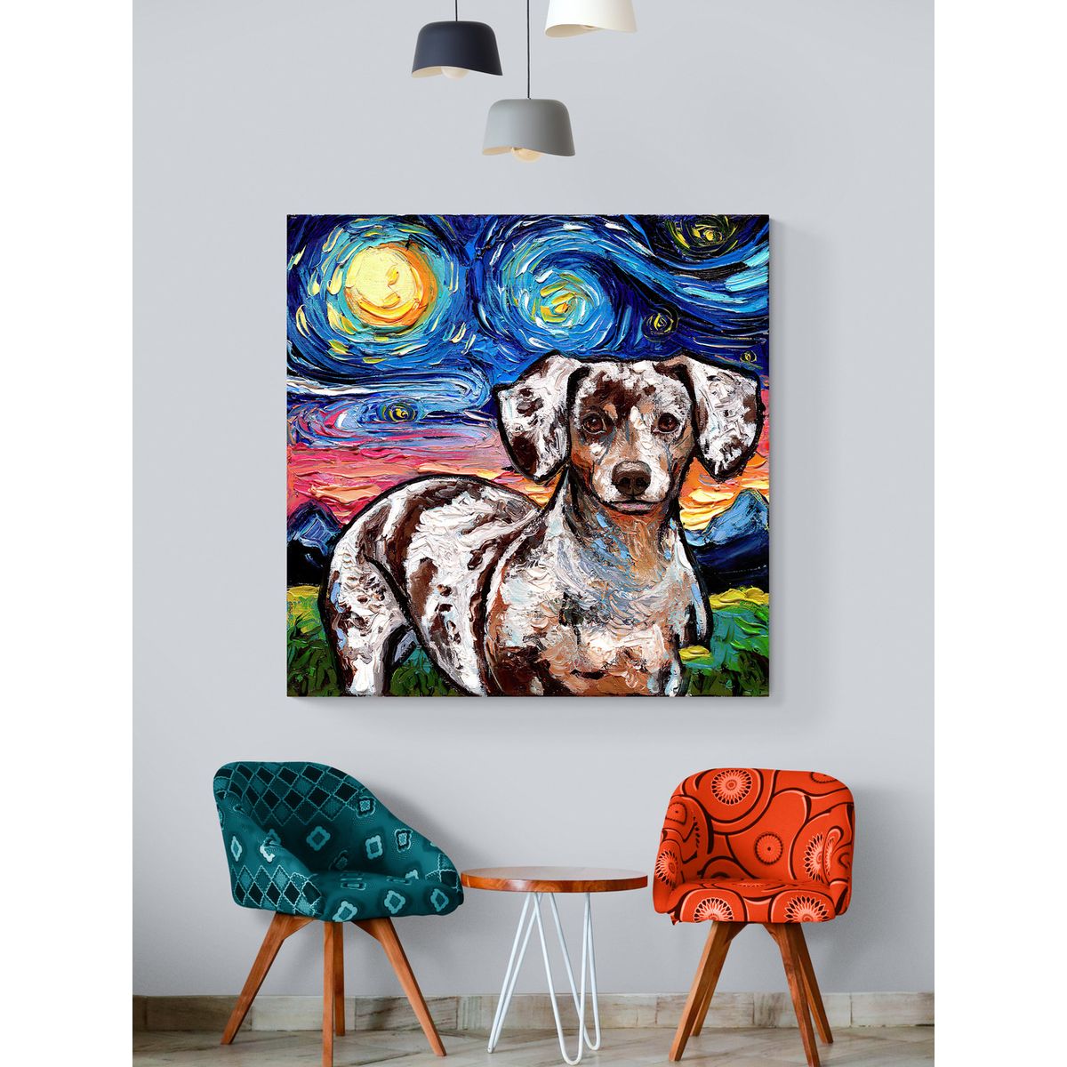 TAYRONA STORE - Cuadro Lienzo Noche Estrellada Perro Chocolate Dachshund 80x80cm