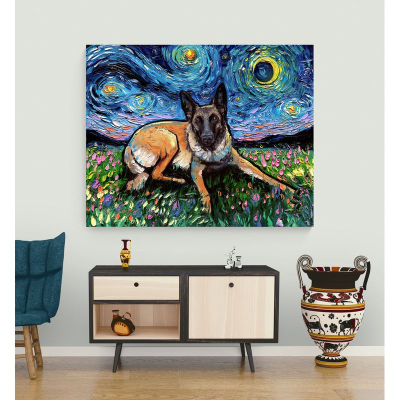 TAYRONA STORE - Cuadro Lienzo Habitacion Noche Estrellada Perro Belgian Malinois 75x60cm